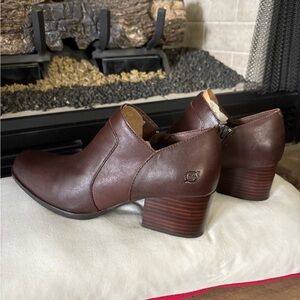 Born Dark Brown Leather Ankle Booties with Stacked Heel